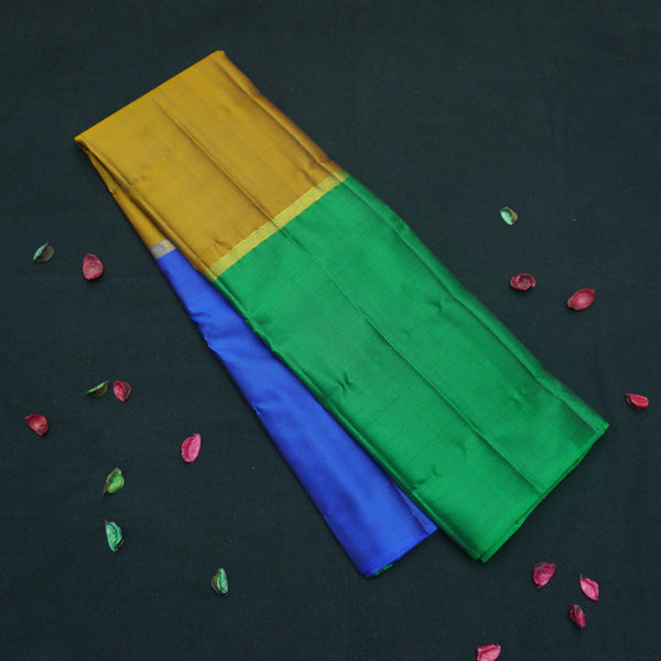 Mustard Mubbagam Kanchipuram Silk Saree with Green and Blue Accents - Vivaaha Silks & Sarees