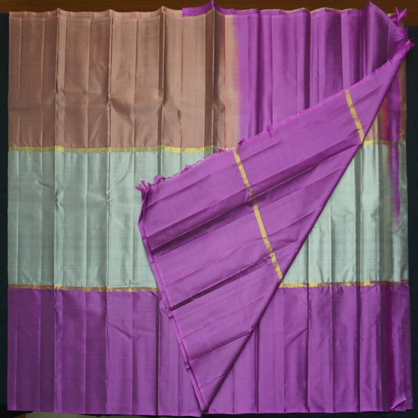 Steel Gray Mubbagam Kanchipuram Silk Saree with Purple and Choco Brown Accents - Vivaaha Silks & Sarees