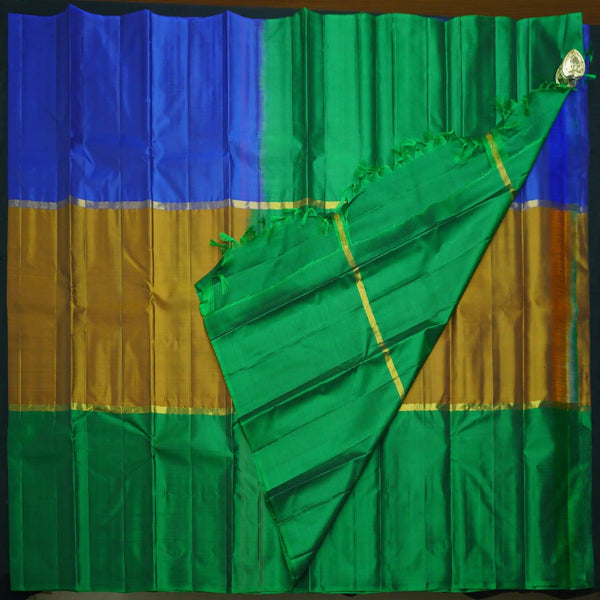 Mustard Mubbagam Kanchipuram Silk Saree with Green and Blue Accents - Vivaaha Silks & Sarees