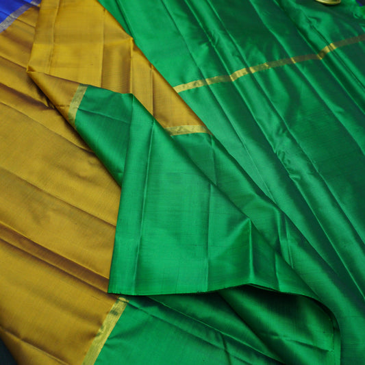 Mustard Mubbagam Kanchipuram Silk Saree with Green and Blue Accents - Vivaaha Silks & Sarees