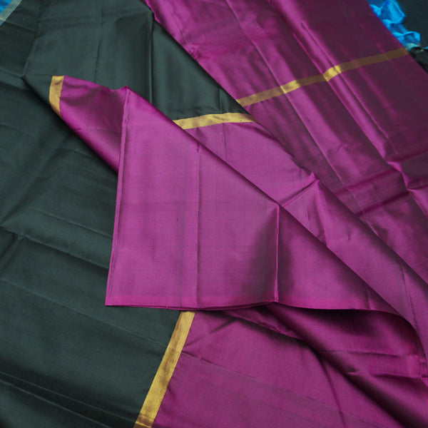 Black Mubbagam Kanchipuram Silk Saree with Megenta and Anandha Blue Accents - Vivaaha Silks & Sarees