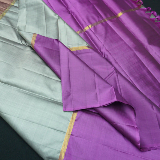 Steel Gray Mubbagam Kanchipuram Silk Saree with Purple and Choco Brown Accents - Vivaaha Silks & Sarees