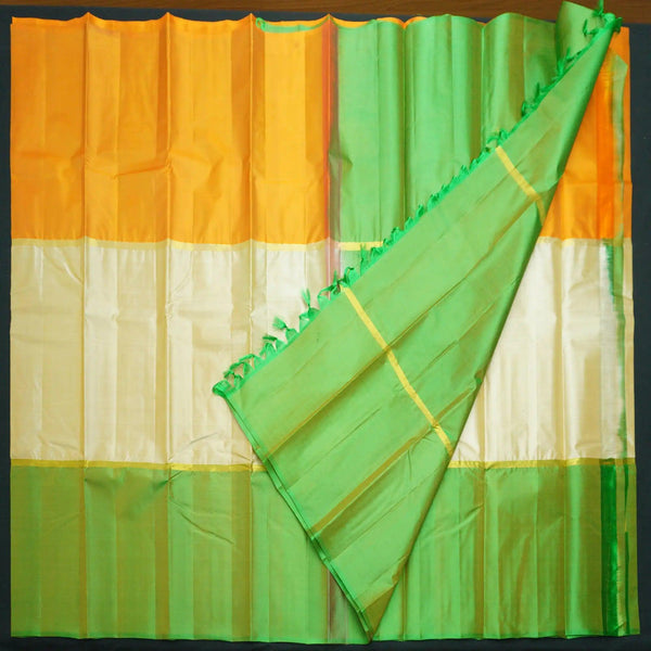 Half White Mubbagam Kanchipuram Silk Saree with Green and Orange Accents - Vivaaha Silks & Sarees