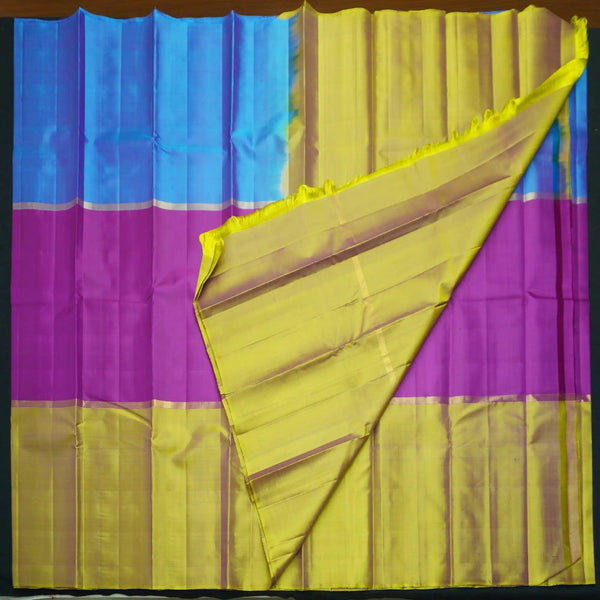 Purple Mubbagam Kanchipuram Silk Saree with Pear Green and Anandha Blue Accents - Vivaaha Silks & Sarees