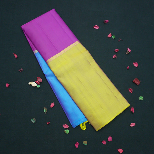 Purple Mubbagam Kanchipuram Silk Saree with Pear Green and Anandha Blue Accents - Vivaaha Silks & Sarees