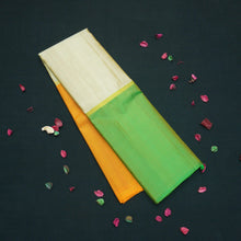 Load image into Gallery viewer, Half White Mubbagam Kanchipuram Silk Saree with Green and Orange Accents - Vivaaha Silks & Sarees
