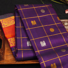 Load image into Gallery viewer, Purple Veldhari Kattam with Annam & Rudraksham Butta in gold and silver zari, Orange Retta Pettu Border