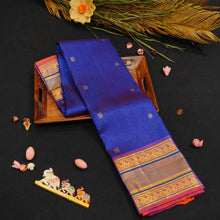 Load image into Gallery viewer,
MS Blue with Zari Lines & Small Peacock & Coin Butta, Traditional Voilet Border