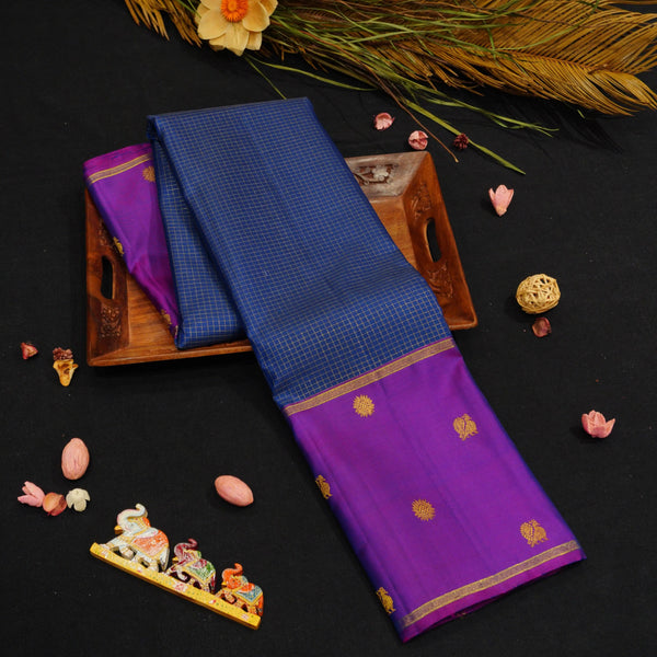Navy Blue Zari Checks Kattam with Purple Border with Annam & Chakram Butta
