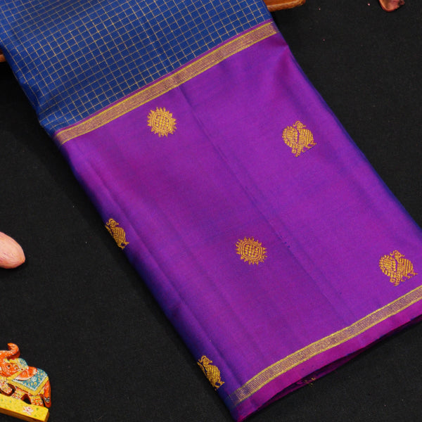 Navy Blue Zari Checks Kattam with Purple Border with Annam & Chakram Butta