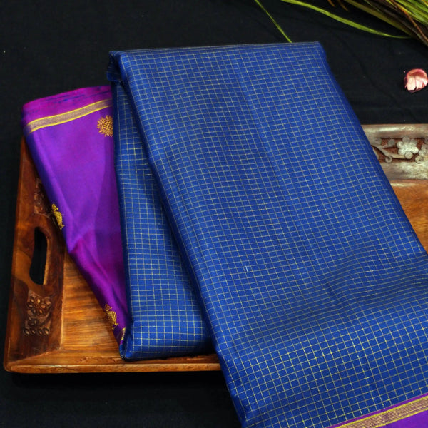 Navy Blue Zari Checks Kattam with Purple Border with Annam & Chakram Butta