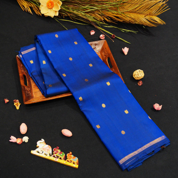 MS Blue Borderless Kanchipuram Silk Saree with tiny peacock & coin butta
