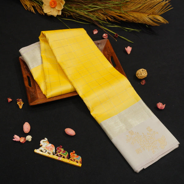 Sunshine Yellow with Silver Zari Kattam, Gray Border with Gold and Silver Fancy Butta Silk Saree