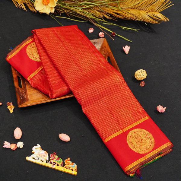Chili Red Zari Kattam with Round Traditional Designer Peacock Butta in the Border
