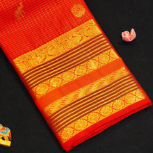 Load image into Gallery viewer, Chili Red Zari Kattam with Elephant and Round Peacock Butta, Multi Layered Traditional Designer Retta Pettu Border