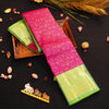 Pink Bridal Silk Saree in Gold and Silver Zari meena work jacquard body design, sapphire green korvai border silk saree