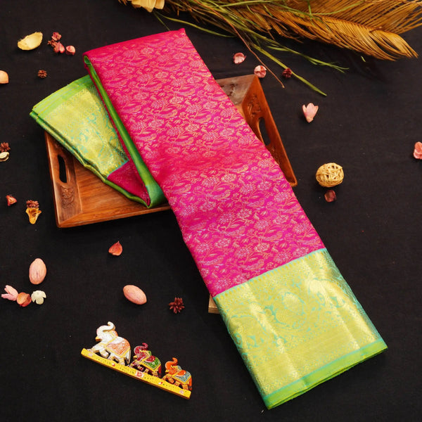 Pink Bridal Silk Saree in Gold and Silver Zari meena work jacquard body design, sapphire green korvai border silk saree
