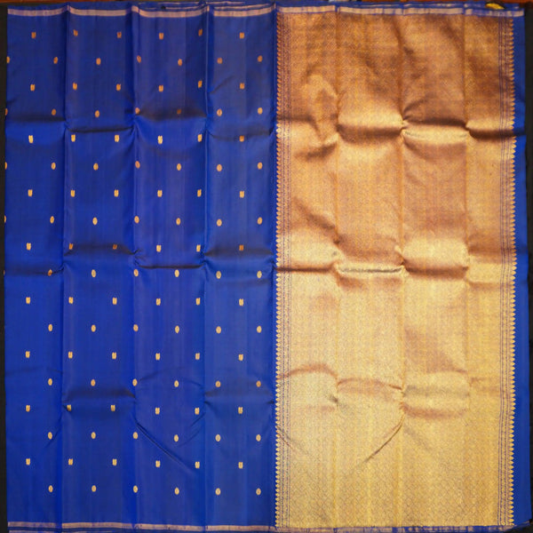 MS Blue Borderless Kanchipuram Silk Saree with tiny peacock & coin butta