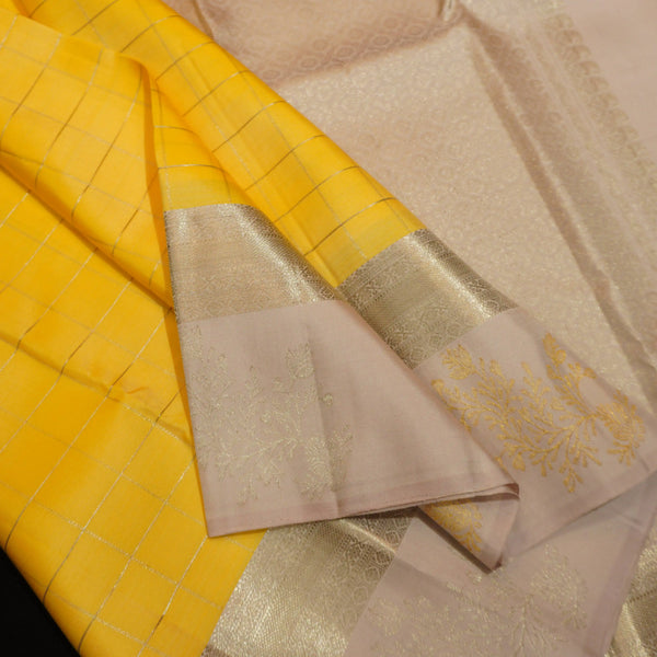 Sunshine Yellow with Silver Zari Kattam, Gray Border with Gold and Silver Fancy Butta Silk Saree
