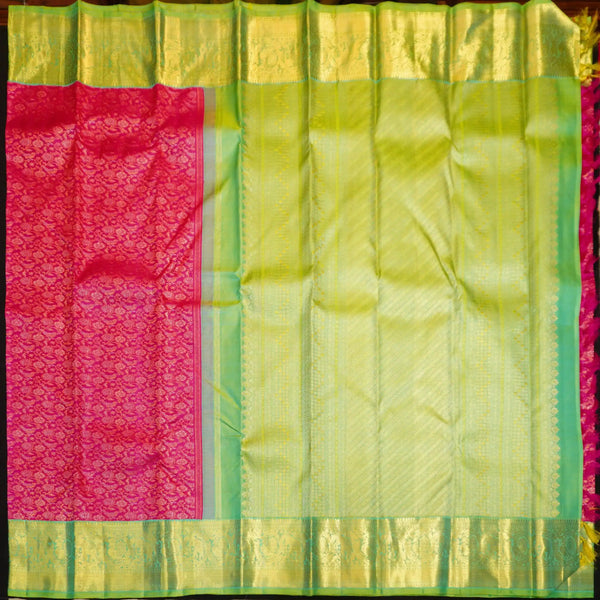 Pink Bridal Silk Saree in Gold and Silver Zari meena work jacquard body design, sapphire green korvai border silk saree