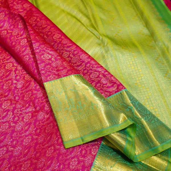 Pink Bridal Silk Saree in Gold and Silver Zari meena work jacquard body design, sapphire green korvai border silk saree