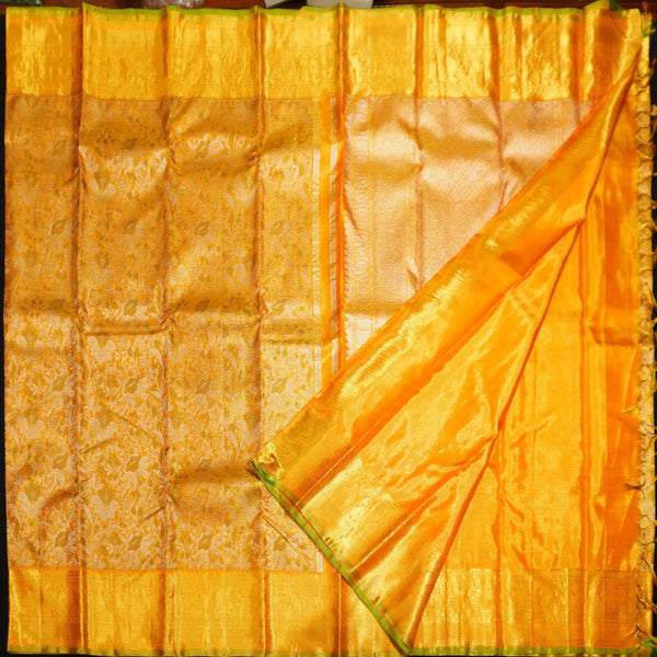 Golden Yellow Bridal Kanchipuram Tissue Silk Saree, Silver and Gold Zari Floral Designer Jacquard body design