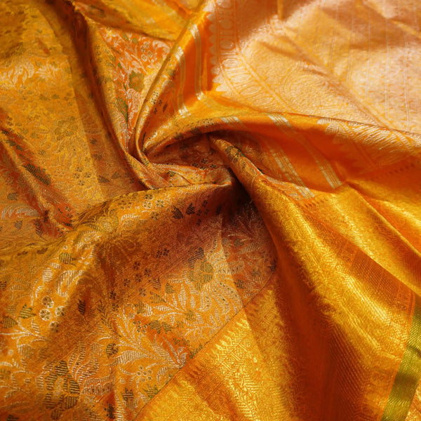 Golden Yellow Bridal Kanchipuram Tissue Silk Saree, Silver and Gold Zari Floral Designer Jacquard body design