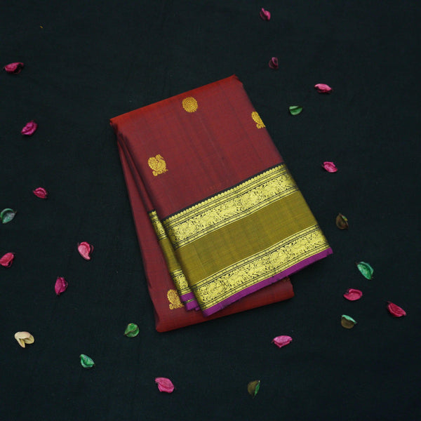 Wine Red Traditional Kanchipuram Handloom Silk Saree with Double Zari Border - Vivaaha Silks & Sarees
