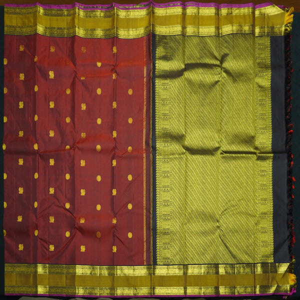 Wine Red Traditional Kanchipuram Handloom Silk Saree with Double Zari Border - Vivaaha Silks & Sarees