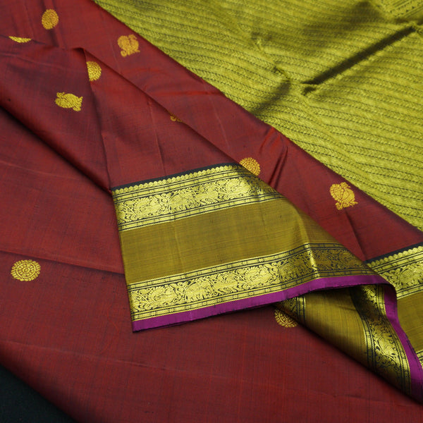 Wine Red Traditional Kanchipuram Handloom Silk Saree with Double Zari Border - Vivaaha Silks & Sarees