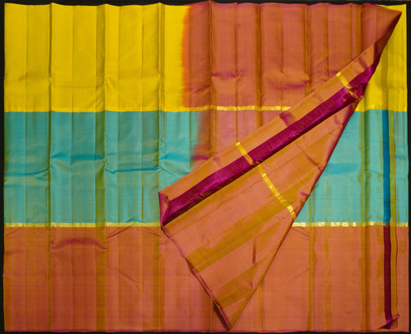 Light Weight Kanchipuram, Mubbagam Saree, Pastel Saree, Office Wear Silk Saree Soft Silk, Yellow-Aqua Blue-Peach Mubbagam Kanchipuram Silk Saree
