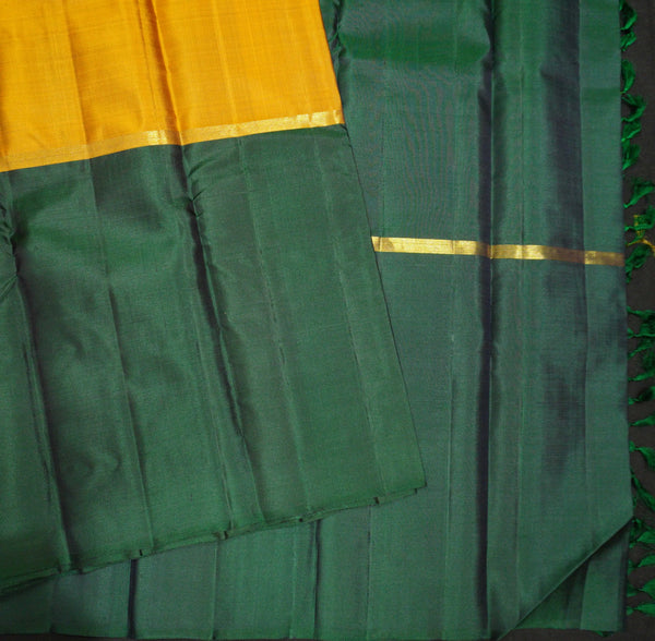 mubbagam kanchipuram silk saree in Purple, Yellow, Bottle Green colour with plain body, boderless saree