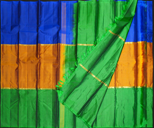 Mubbagam Kanchipuram Silk Saree in Blue,Orche Gold, Green Colour with Plain Body, Boderless Saree