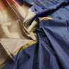 mubbagam kanchipuram silk saree in caramel brown, sandal, dusty blue colour with plain body, boderless saree
