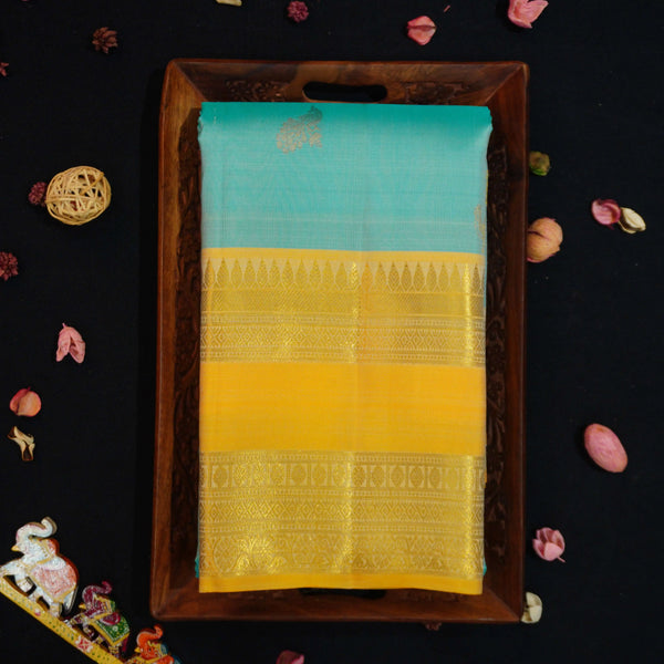 premiumkanchipuram silk saree inPastel Blue With Camel & Peacock Design