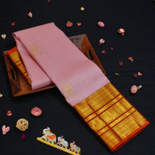 Load image into Gallery viewer, Baby pink Kanchipuram silk saree with gold annam butta motifs and orange-gold Korvai border