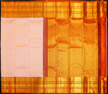 Load image into Gallery viewer, Baby pink Kanchipuram silk saree with gold annam butta motifs and orange-gold Korvai border