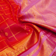 Load image into Gallery viewer, Red Kanchipuram silk saree with kattam jaal, vatta butta and pink Tharai Jaal border