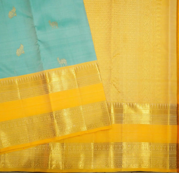 premiumkanchipuram silk saree inPastel Blue With Camel & Peacock Design