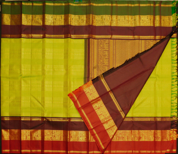 premium veldhari zaari lines kanchipuram silk saree in parrot green