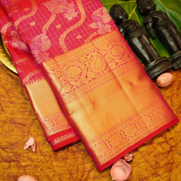 premium traditional kanchipuram silk saree in Rani Pink with muthu kattam borders