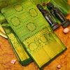 Close view of premium Traditional kanchipuram silk saree in Bottle Green colour with Pearl Beaded Grid Checks