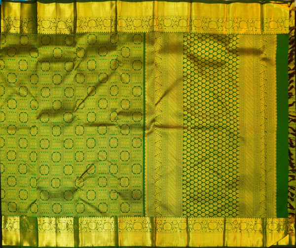 Close view of premium Traditional kanchipuram silk saree in Bottle Green colour with Pearl Beaded Grid Checks