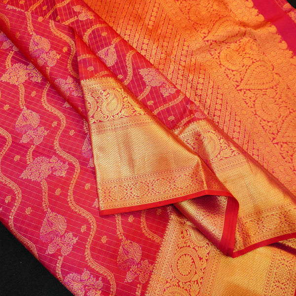 premium traditional kanchipuram silk saree in Rani Pink with muthu kattam borders