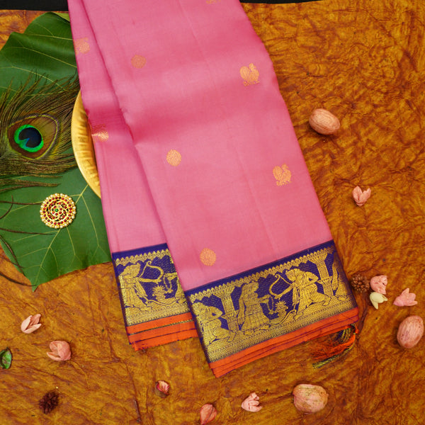 Premeium Traditional kanchipuram silk saree in Baby Pink colour with royal blue korvai border