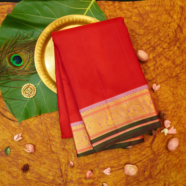Premeium Traditional kanchipuram silk saree in Tomato red with contrast border