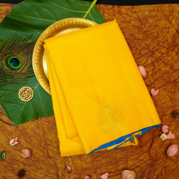 Partly Pallu Kanchipuram silk saree in Bright yellow borderless fancy saree