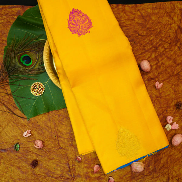 Partly Pallu Kanchipuram silk saree in Bright yellow borderless fancy saree