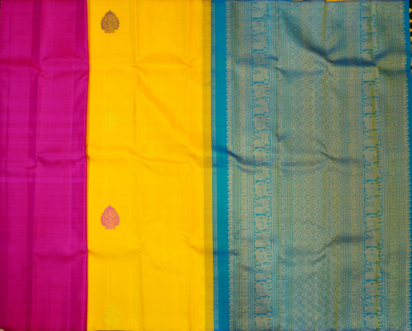 Borderless Bright Yellow Partly Pallu Kanchipuram Silk Saree