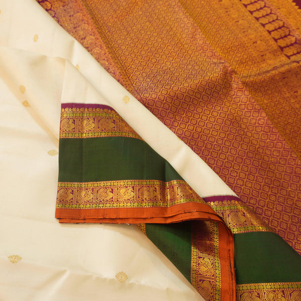 Half White Kanchipuram Silk Saree with Multicolor Korvai Border & Gold Zari Butta - Vivaaha Silks & Sarees
